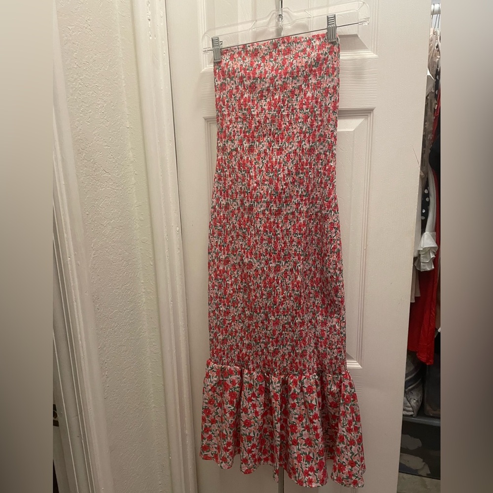 Strapless Floral Red Dress